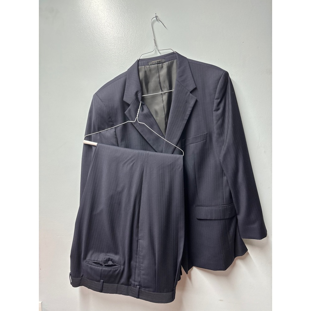 Petrocelli Mens Navy Blue Herringbone 100% Wool 2 Piece Suit Size 48R 50R